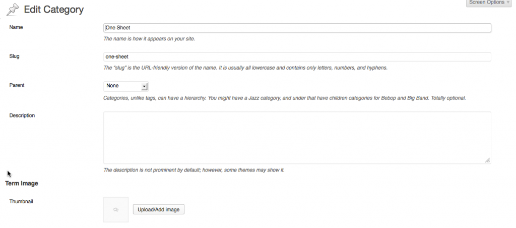 Category term edit screen no image