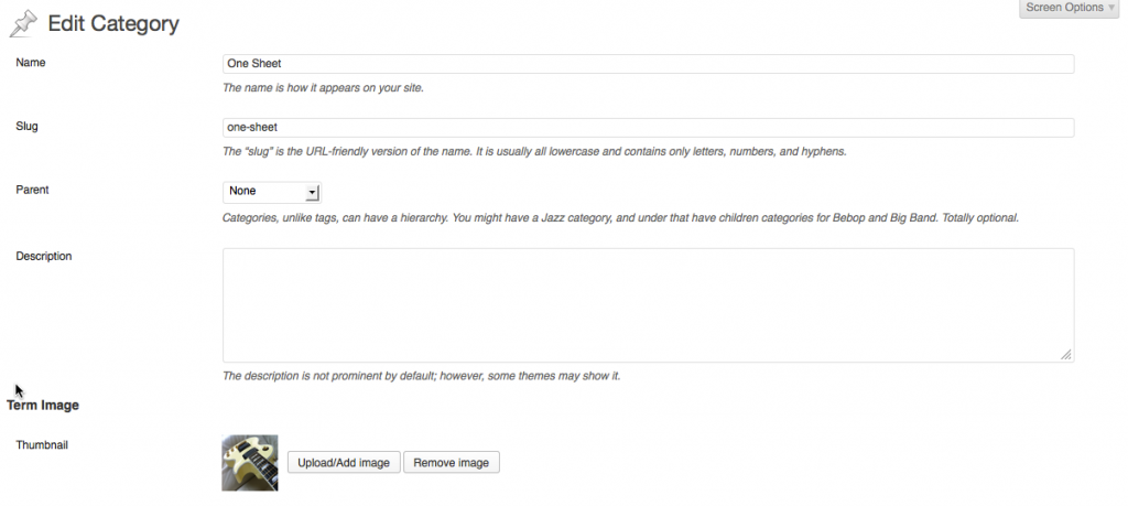 Category term edit screen with image